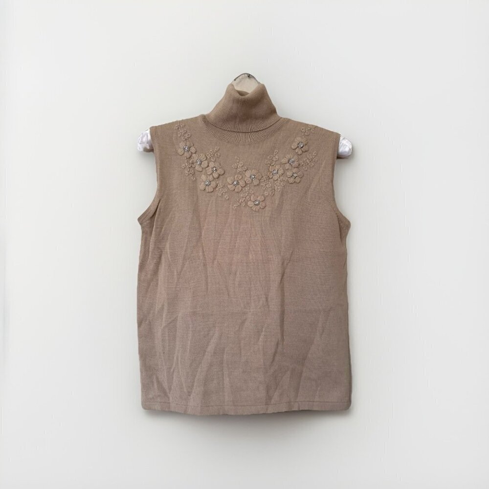 Sleeveless Top Stretch Size Small Tan Neutral Embroidered Turtleneck